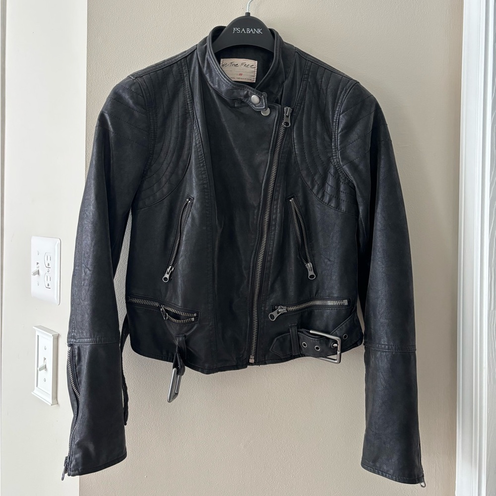 Free People - Washed Black Leather Women's Biker Jacket